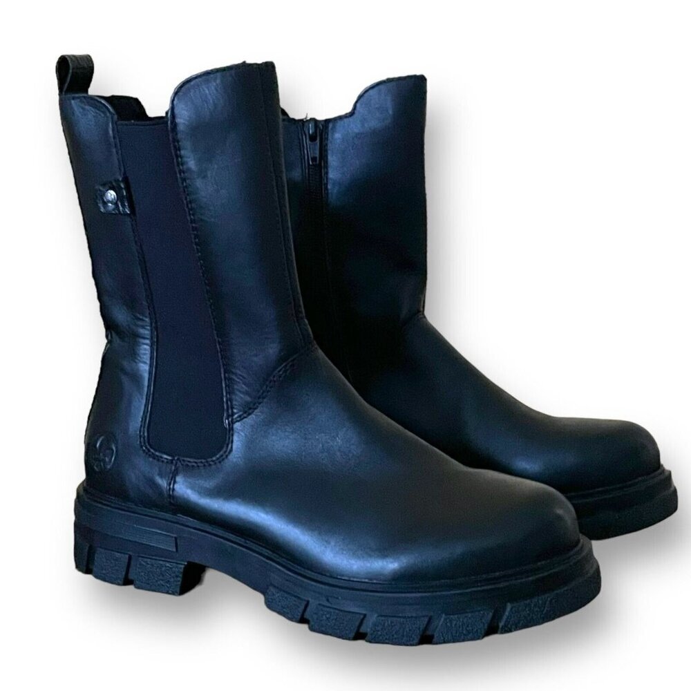 Rieker Womens Chelsea Boot Sz 39 US 8 Black Leather Mid Calf Lugg Sole Lined